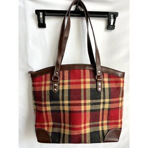 Old County Road Wool Plaid Shoulder Tote Bag Purse Retro Academia Red Brown